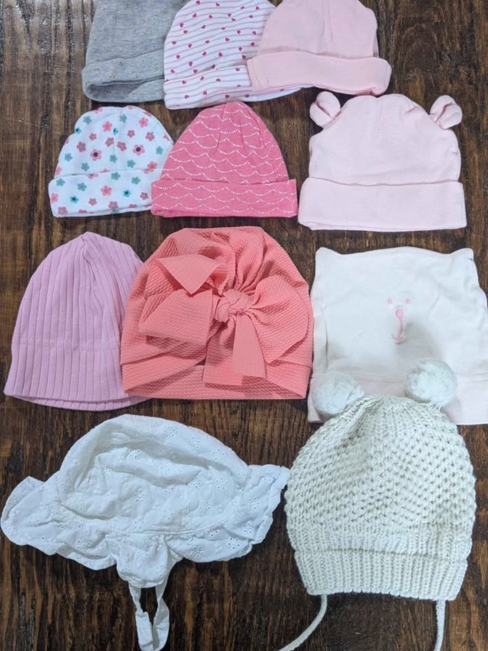 Baby Girls Pink & White Knit Pom Pom Hat Set - Size Nb- 12 Months